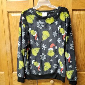 The Grinch Black Fleece Pull-Over Top Womens Lg (11-13) Snowy Holiday Sweatshirt